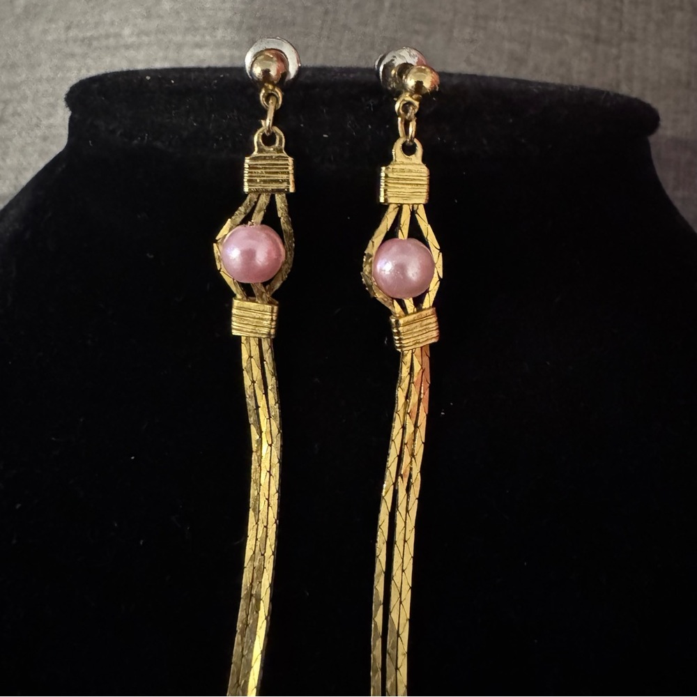 Vintage Gold and Pink Pearl Bead Long Dangle Earrings